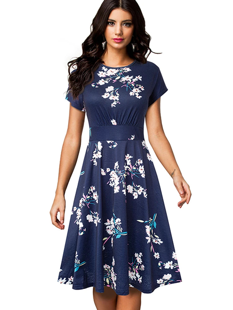Nice-forever Vintage Elegante Blumen Druck Plissee Rundhals vestidos A-Line Pinup Business Party Frauen Flare Swing Kleid A102