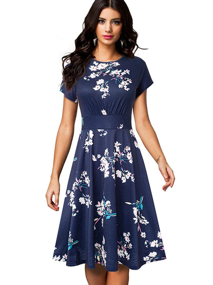 Nice-forever Vintage Elegante Blumen Druck Plissee Rundhals vestidos A-Line Pinup Business Party Frauen Flare Swing Kleid A102