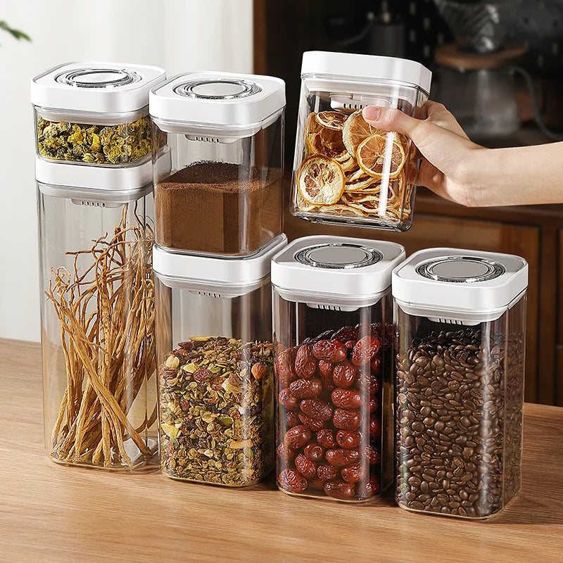 Airtight Food Storage Container with Pop Up Lid Plastic Clear Moisture-Proof Coffee Beans Cereals Jar Pantry Organizer Box.