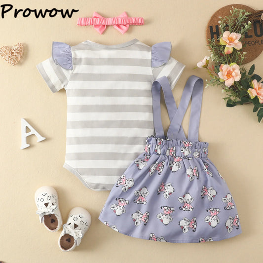 Prowow Günstige Preis Kleidung Baby Mädchen Outfits Set Niedlichen Elefanten Body und Hosenträger Kleid 3 stücke Neugeborene Geburt Set Kleidung.