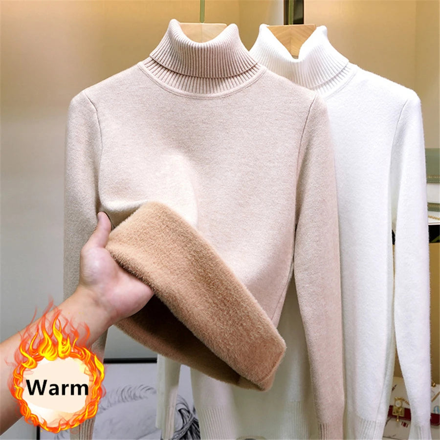Verdicken Samt Rollkragenpullover Frauen Koreanische Mode Gefüttert Warme Sueter Gestrickte Pullover Schlank Top Winter Jersey Strickwaren Jumper.