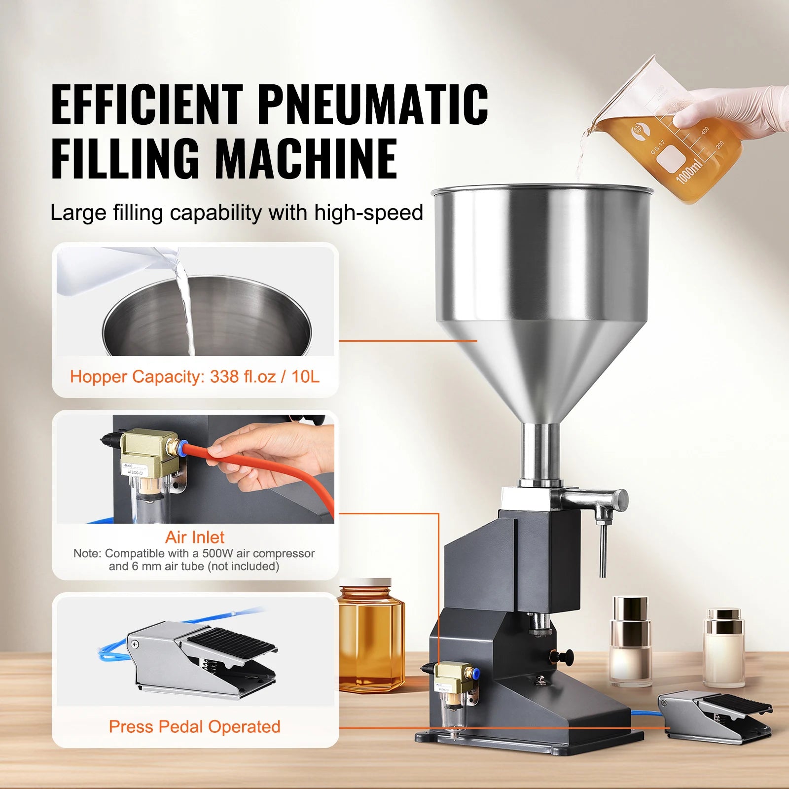 SucceBuy 5-50/100ml A02 Pneumatic/Manual Paste Liquid Filling Machine Bottle Liquid Filler Pedal for Water Juice Cosmetic Milk.