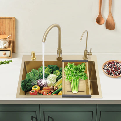 Gold Drop-in-Küchenspüle, 23,62 x 17,72 Zoll, Einzelschüssel-Arbeitsplatte oder eingebettetes Küchenspülen-Set aus Edelstahl, 7,87 Zoll Tiefe