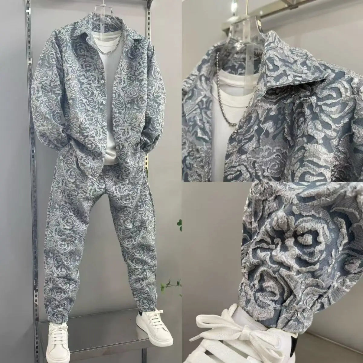 New Spring and Autumn Men's Casual Suit Lapel Jacquard Shirt Trousers Two-piece Set Comfortable Loose.