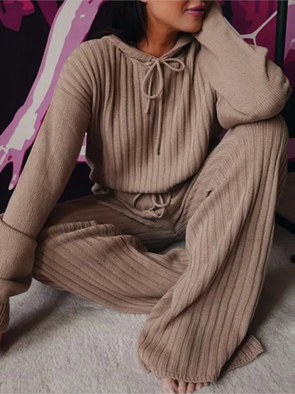 Autumn New Knitted Cotton Sliver Hooded Women's Long Pants Suit Casual Fashion Drawstring Lace Up Pants Female 2 Piece Set 2025