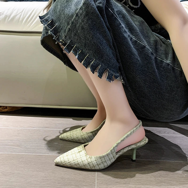 Brand Designer Slingbacks High Heels Pumps Women Pointed Blue Pointed Toe Party Shoes Summer Thin Heeled Sandals High Heel Shoes.