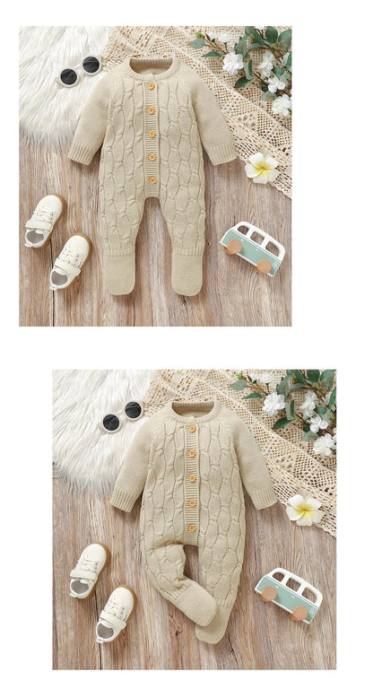 Winter Baby Jungen Strampler Kleidung Beige Rundhals Volle Hülse Gestrickte Neugeborenen Pullover Overalls Einteilige Kleinkind Outfits.
