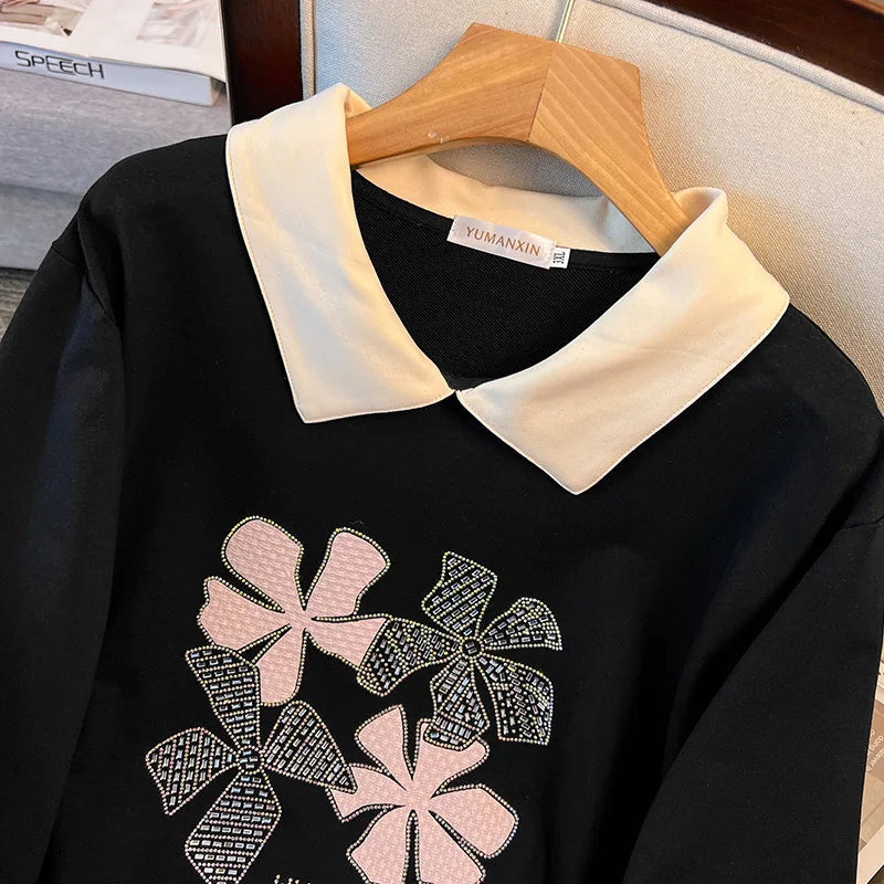 170 kg Plus Size Damen-Büste 170 Frühling Herbst Loose Diamond Collared Sweatshirt Schwarz 4XL 5XL 6XL 7XL 8XL 9XL.