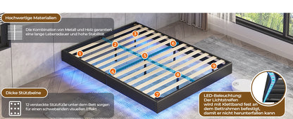 Bett 140x200 mit verstellbarer Beleuchtung, Bettgestell 140x200 mit weicher Polsterung, schwebender Bettrahmen, gepolsterte Jugendbe