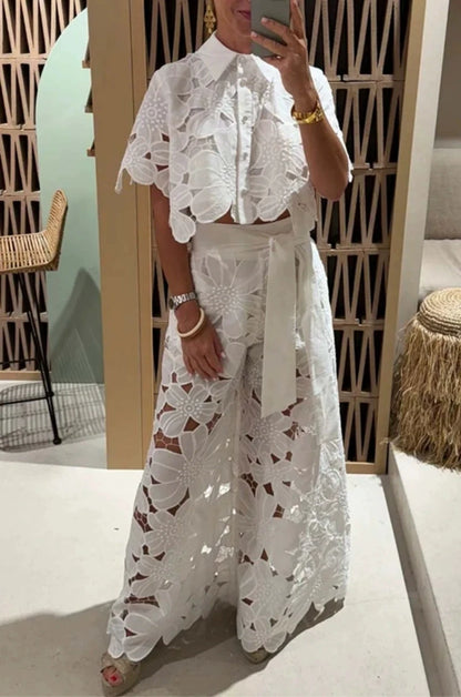 Women Set Short Sleeved Blouse Tops + Tie-up Pants Two Peics set Lace Outfit Embroidery 2025 New Retro Hollow Temperament Suit.
