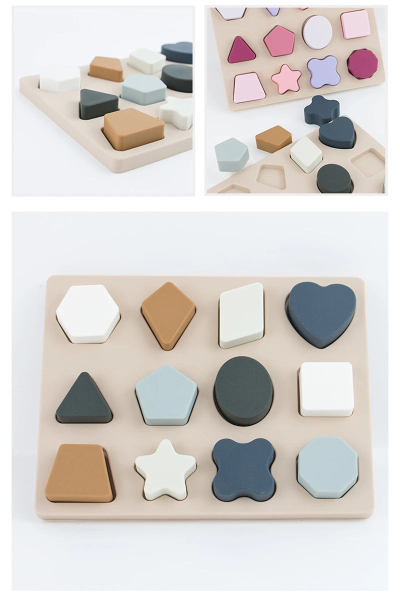 Montessori Baby Puzzles Silicone Toys Geometric Shape Jigsaw Board Matching Games Educational Learning Toys Food Grade Silicone.