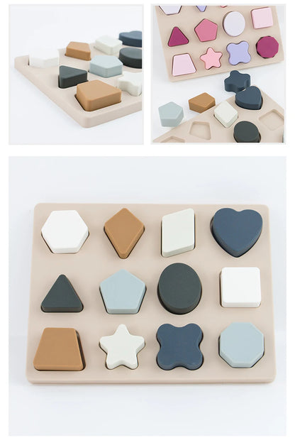 Montessori Baby Puzzles Silicone Toys Geometric Shape Jigsaw Board Matching Games Educational Learning Toys Food Grade Silicone.