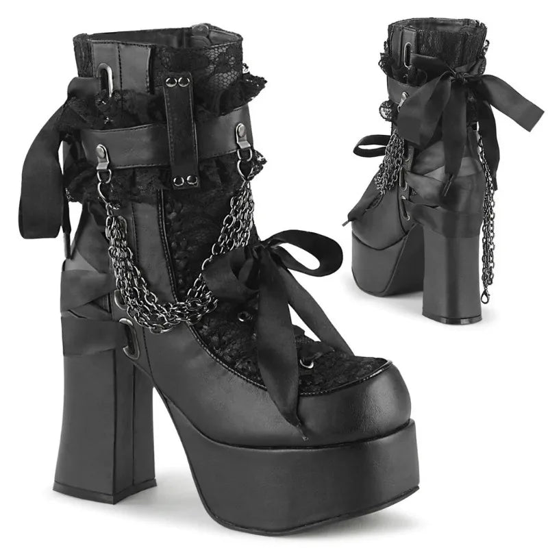 Gothic Style Chain Lace Up Bow Women Short Boots Retro Round Toe Square Heel Chunky Platform Ankle Boots Punk Ladies Party Shoes.