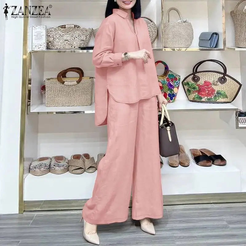 ZANZEA Fashion Women Casual Trousers Suits 2PCS Autumn Long Sleeve Blouse Solid Wide Leg Pants Sets Loose Work Tracksuit Outifit.
