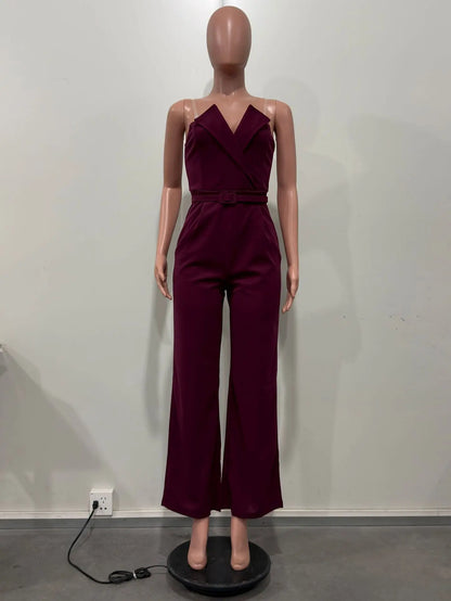 CM.YAYA Women Wide Leg Strapless V-neck Sleeveless Jumpsuits 2025 Summer OL Beach Night Club Party Street One Piece Suit Romper