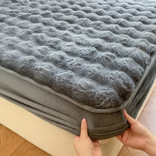 Fluffy Plush Fitted Bed Sheet Solid Color Long Hair Fleece Bed Cover For Double Bed fundas de colchón Winter Warm Mattress Cover.