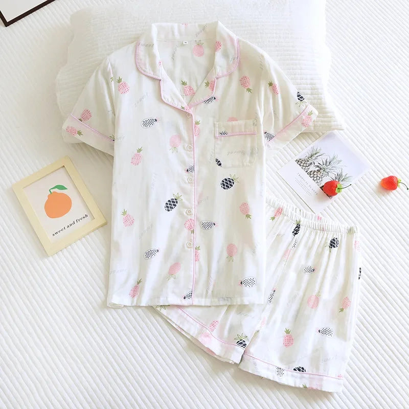 Japanische einfache kurze Pyjamas Frauen 100 % Baumwolle kurze Ärmel Damen Pyjama Sets Shorts süße Cartoon Nachtwäsche Frauen Homewear