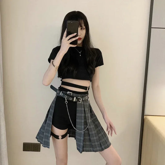 Female Punk Skirt Gothic Style Plaid Irregular Skirts Women Asymmetrical High Waist Pleated Mini Skirts sexy skirt for sex.