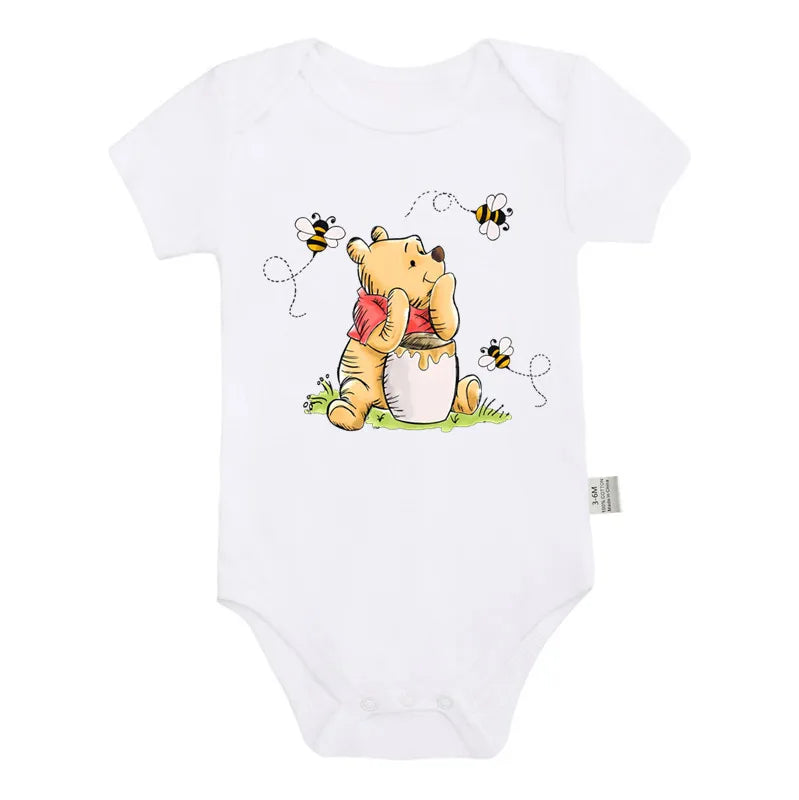 Kawaii Winnie the Pooh Bär und Biene Druck Baby Mädchen Kleidung Kurzarm Baby Body Baumwolle Strampler Neugeborenen Baby Sommer Kleidung.