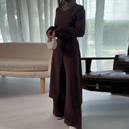 Two Piece Set Women Long Robe Top Wide Leg Pants Suit Ramadan Morocco Dubai Islam Casual Ensemble Femme Muslim Arabic Outfits.