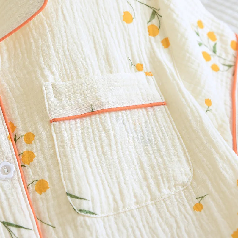 Neuer Sommer-Damen-Pyjama aus Baumwollkrepp, dreiteilig, kurzärmelig + Shorts + Hose, große Größe, einfacher Blumen-Pyjama, Heimservice-Anzug.