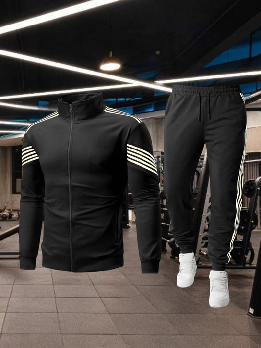 Men's sporty casual set for spring and autumn, featuring a stand-up collar zip-up long-sleeved top and drawstring waist pants. I.