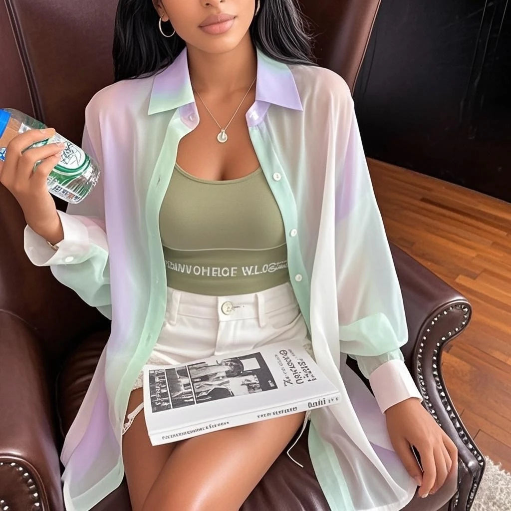 See-through Irregular Gradient Rainbow Long Sleeved Shirt And Blouses Thin For Women Clothes Loose Top Pink Casual Fashion Trend.