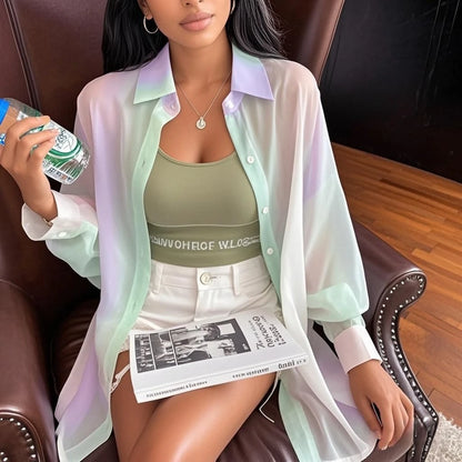 Irregular Gradient Rainbow Long Sleeved Shirt And Blouses Thin Youthful Women's Clothing Loose Top Pink Casual Transparent New.