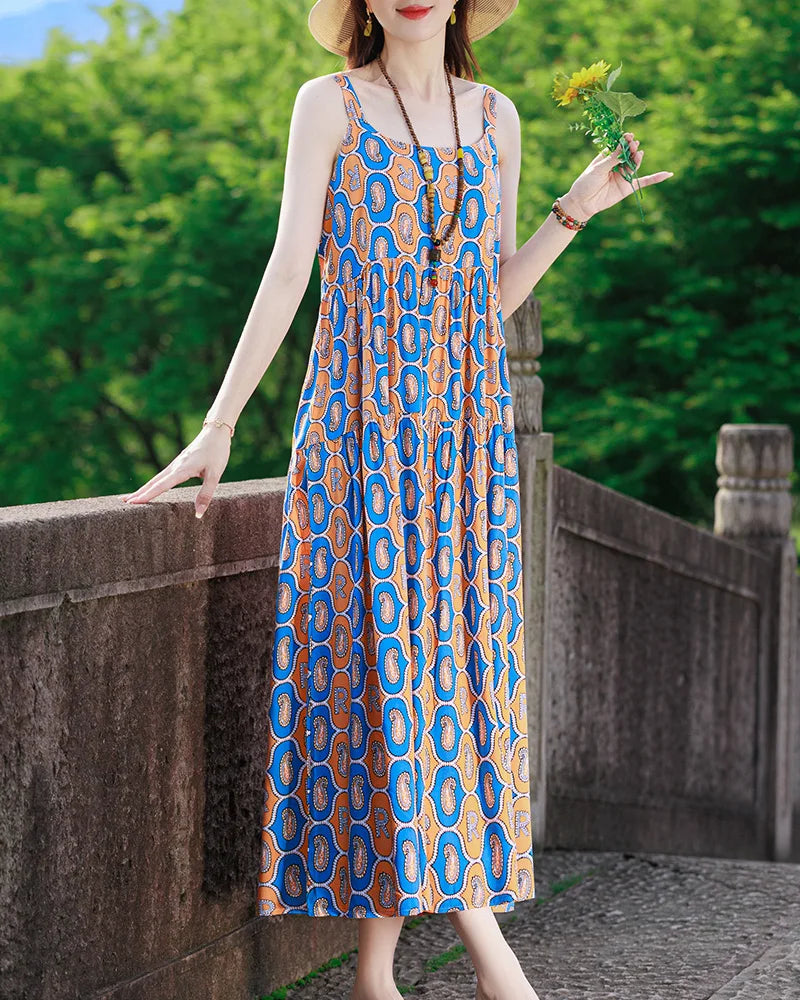 Neue Mode Lässig 2025, Sommer Elegante Kleider Für Frauen Oansatz Druck Vintage Ärmelloses Kleid Lose Frauen Kleidung