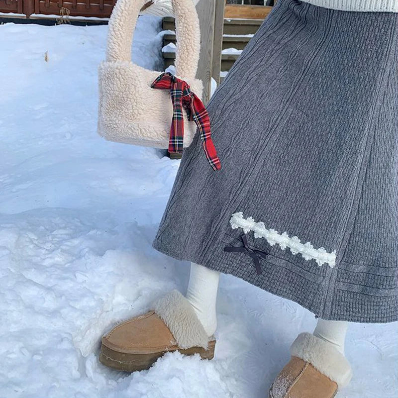 Clothes for Women Autumn Winter Japanese Style Kawaii Sweet Chic Knitted Skirts Female High Waist Solid Loose A-line Midi Skirt.