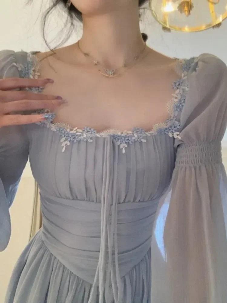 2024 Französisch elegante Prinzessin Abend party Midi Kleider für Frauen A-Linie schlanke Bandage Langarm Vestidos koreanische Frühlings kleidung.