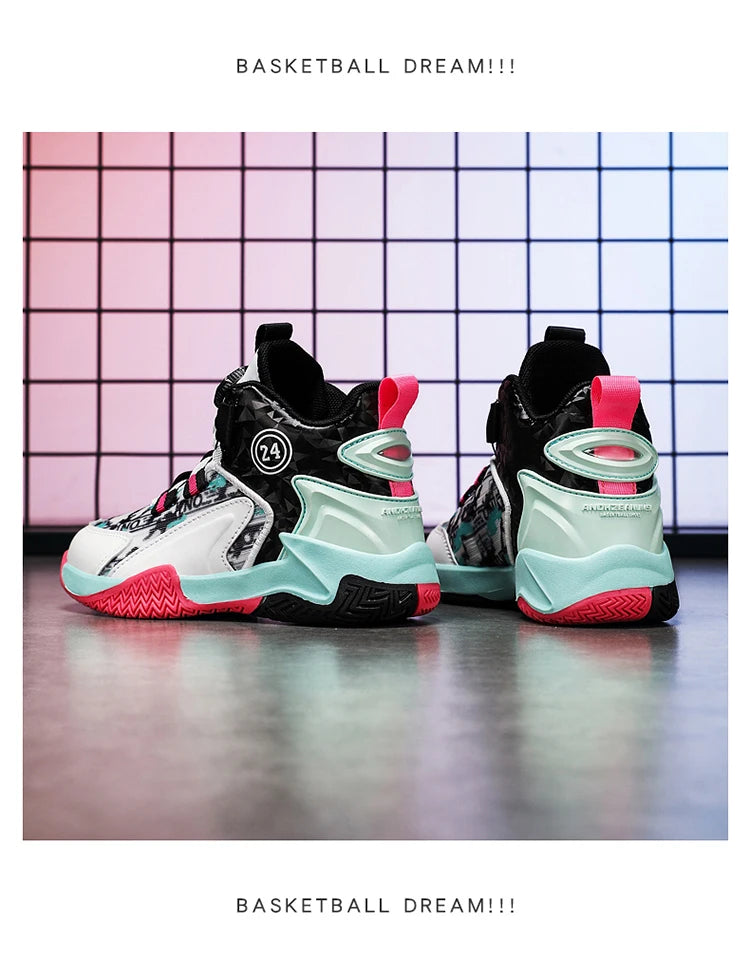 Children's Autumn New Rotary Buckle Mesh Breathable Basketball Shoes Boys Fashion Trend Sneaker Anti Slip Running Footwear 31-40.