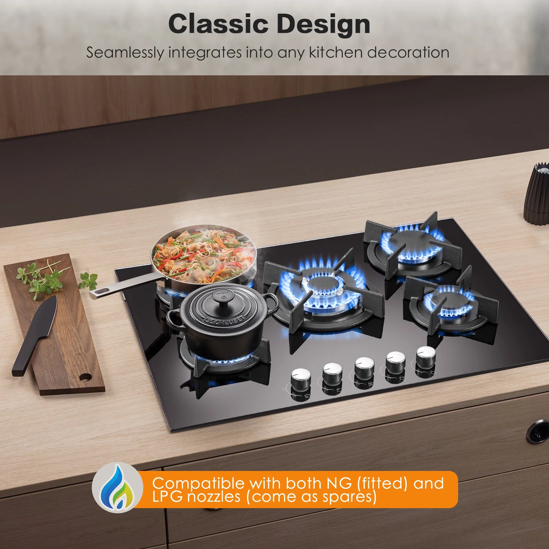 5 Burners 70 cm Glass with Automatic Flame Protection, Natural Gas Propane Gas, Built-in Gas Hob.