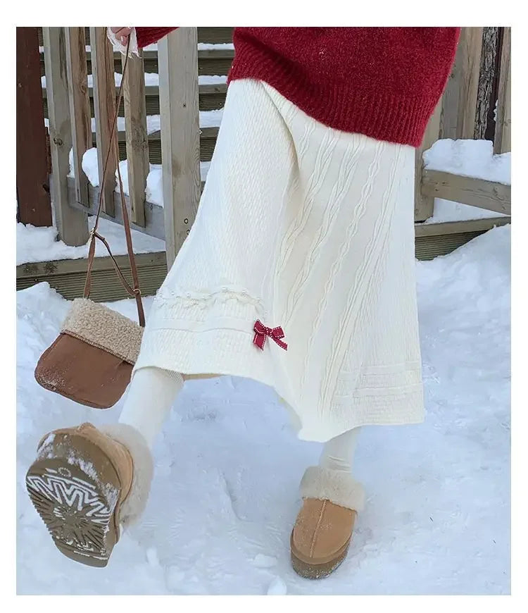 Clothes for Women Autumn Winter Japanese Style Kawaii Sweet Chic Knitted Skirts Female High Waist Solid Loose A-line Midi Skirt.