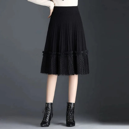 Korean Fashion Autumn Winter Women Solid Elastic High Waist Lace Patchwork Simplicity Mid-length A-line Pleated Knitted Skirt.