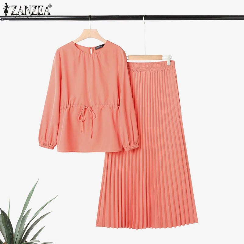 ZANZEA Elegant Women Autumn 2 Piece Sets Muslim Tracksuits Fashion Long Sleeve Tops Pleated Maxi Skirts Suit 2PCS Work Outfits.