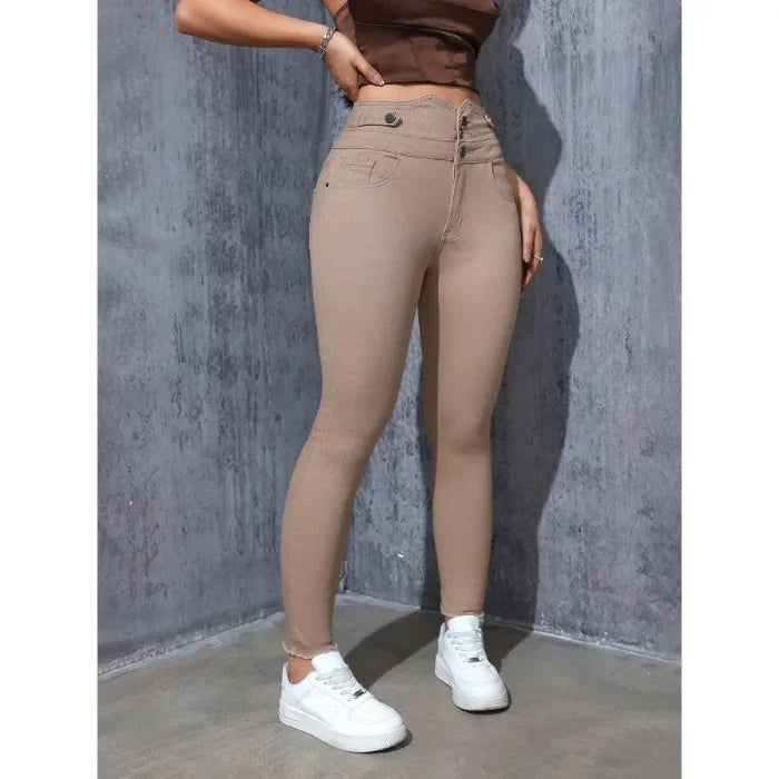 High Waist Elastic Denim Pants Slim Fit Women's Ankle Length Jeans Decorative Button Casual Fashionable Trousers