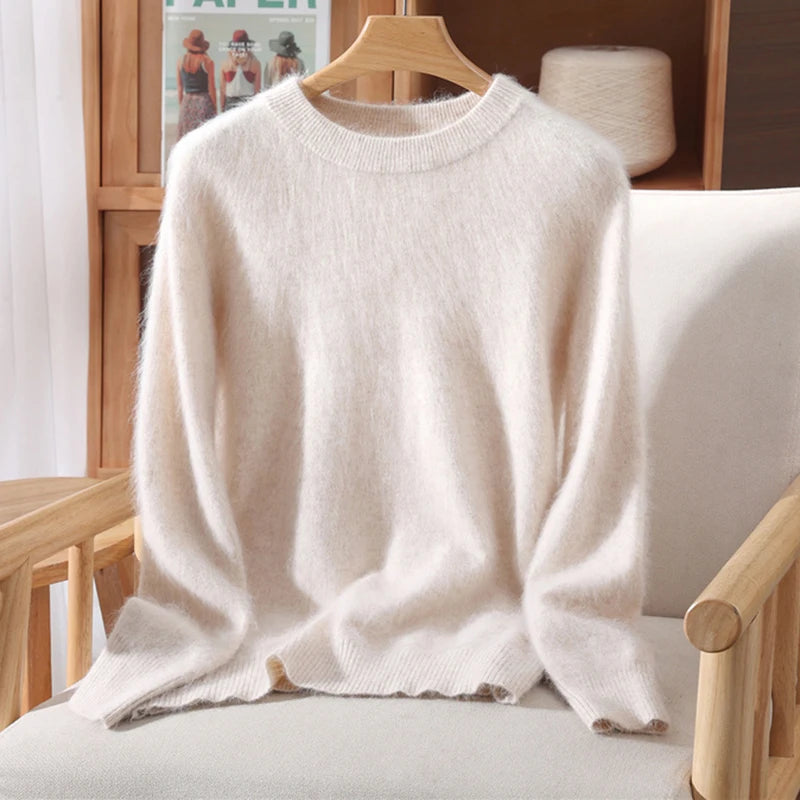 Women's Round-neck Mink Cashmere Sweater Soft Pullover Jumper Comfortable Knitted Top for Autumn Winter Pure Mink Material