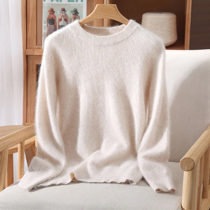 Women's Round-neck Mink Cashmere Sweater Soft Pullover Jumper Comfortable Knitted Top for Autumn Winter Pure Mink Material