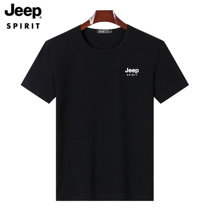 JEEP SPIRIT Mens T-shirt Summer 100%Cotton 230g Heavy Print Sports Breathable Round Neck Top Loose Solid Short Sleeve.