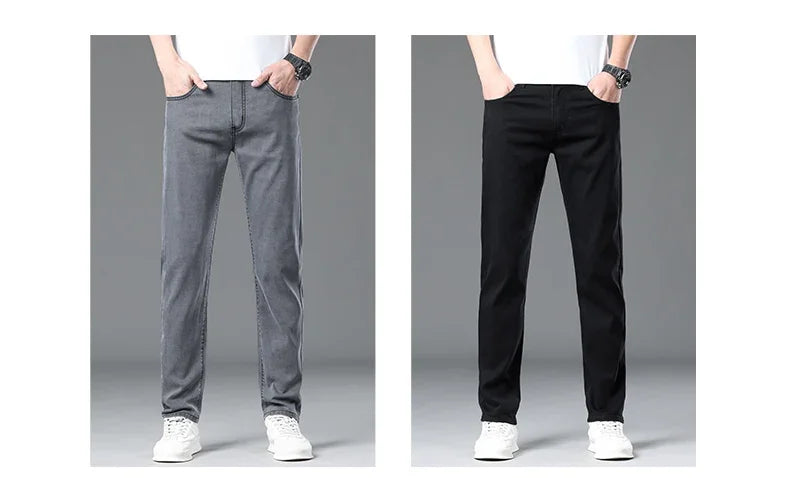 Summer Lyocell Ultra-thin Jeans Men Straight Stretch Breathable Denim Pants Fashion Business Casual Male Trousers Black Gray.