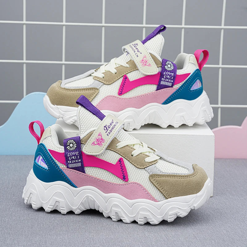 Fashion Children Shoes Girls Sneaker Black Pink PU Leather Platform Casual Sneaker School Tennis Sports Shoes for Girls.