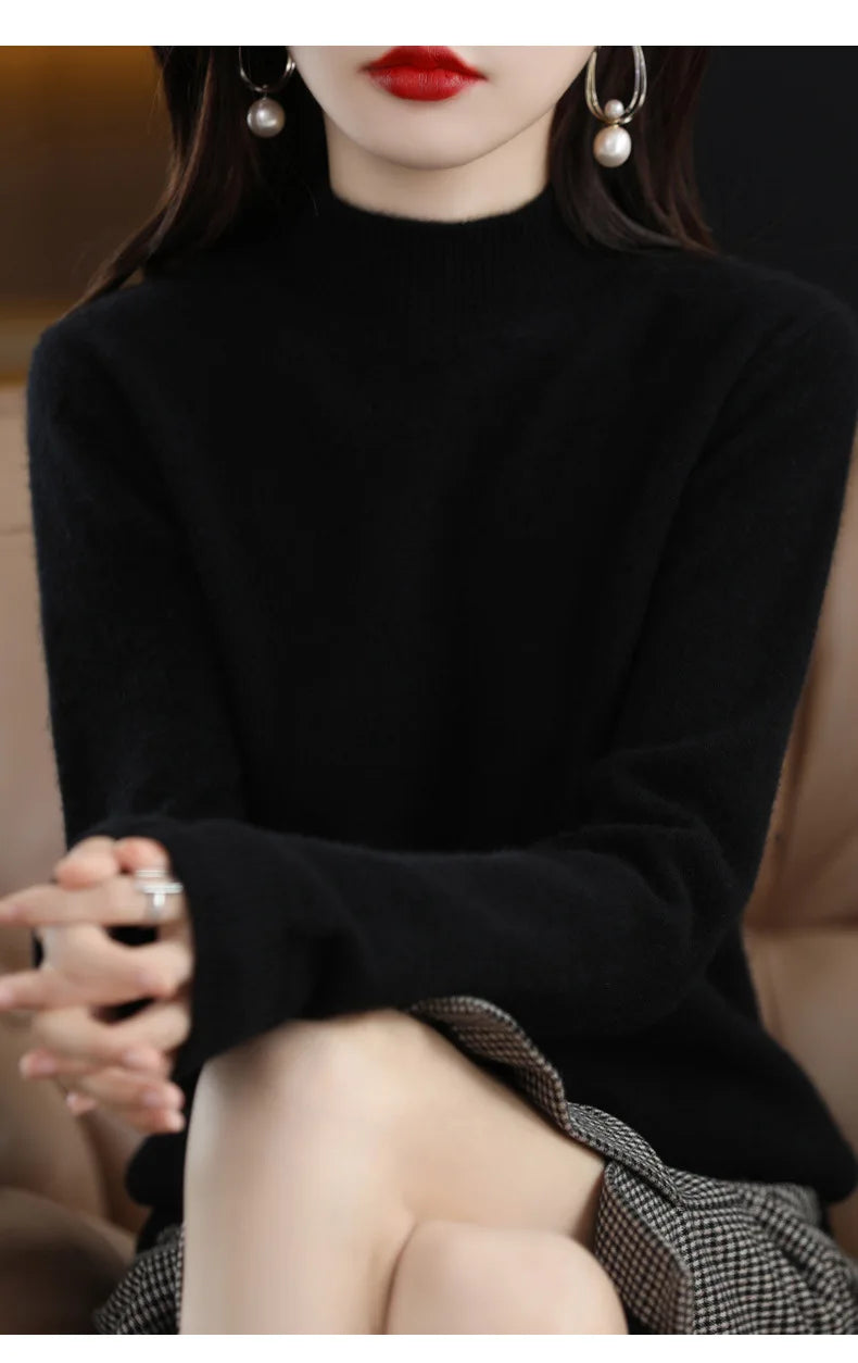 Herbst Winter Frauen Pullover Koreanische Mode Warme Bodenbildung Shirts Halb Hohe Kragen Grundlegende Strickwaren Solide Langarm Pullover