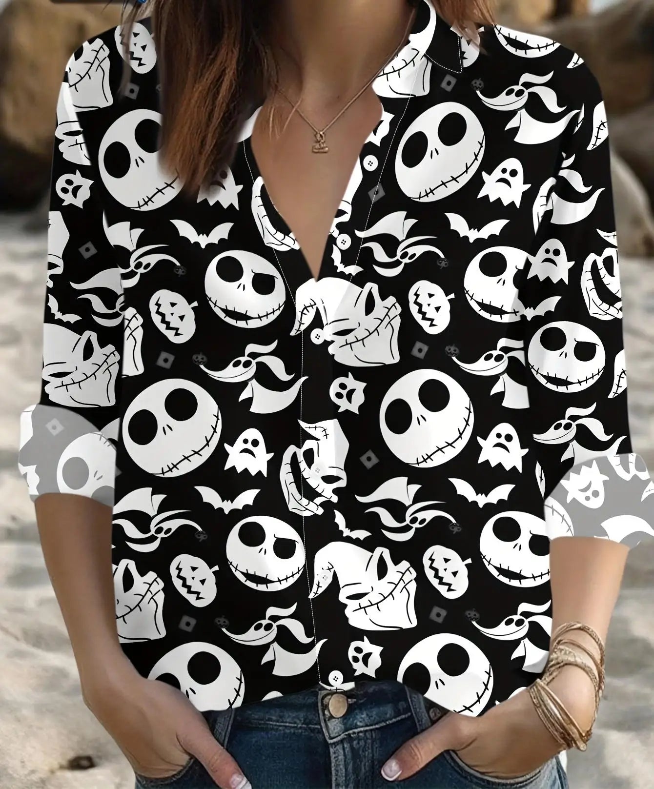 Women's Halloween skull shirt gothic style top button front shirt suitable for party wear casual wear.