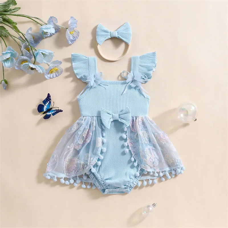 0-18M Kleinkind Baby Mädchen Sommer Strampler Kleid Nette Rüschen Ärmellose Square Neck Blume Body mit Stirnband Set neugeborene Kleidung.