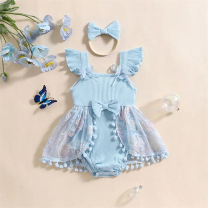 0-18M Kleinkind Baby Mädchen Sommer Strampler Kleid Nette Rüschen Ärmellose Square Neck Blume Body mit Stirnband Set neugeborene Kleidung.