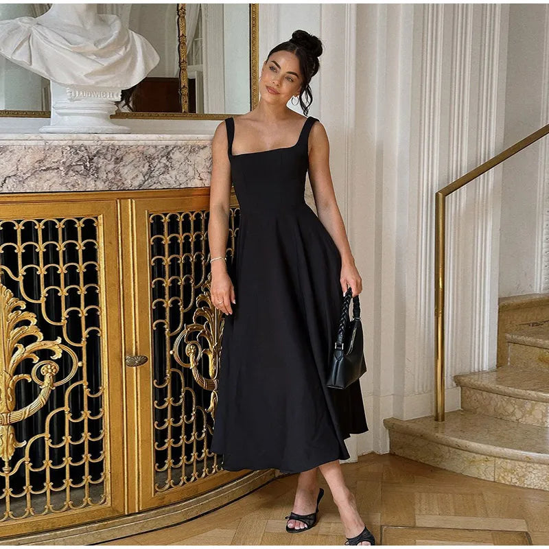 Schwarzes A-Linien-Langkleid für Damen, elegant, quadratischer Ausschnitt, plissiert, ärmellos, Sling-Maxikleider, 2025, Sommer-Dame, Urlaub, Party, Roben