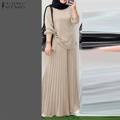 ZANZEA Muslim Sets Fashion 2pcs Women Long Sleeve Blouse Wide Leg Pant Sets Causal Spring Solid Work Outfits Islamic Clothing.