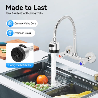 Wall-Mounted Brass Faucet, Hot&Cold Water with 360° Rotating Hose Flexible Cleaning Made to Last for Bathroom Kitchen