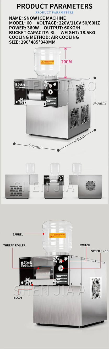 3L Snow Ice Maker Shaver Europe Snowflake Electric Ice Cube Cream Crushers Machine Korea Bingsu Slush Refrigerator 220/110V 360W.